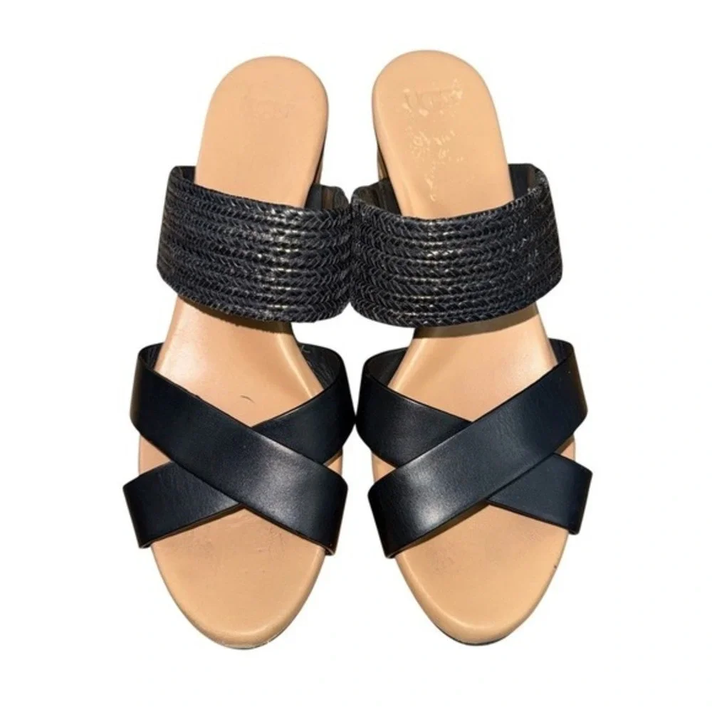 UGG Adriana Wedge Sandals Womens 8.5 Espadrille Slide Black Leather Braided Logo
